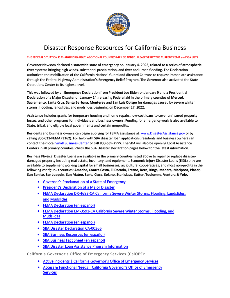 Disaster Response Resources for California Business